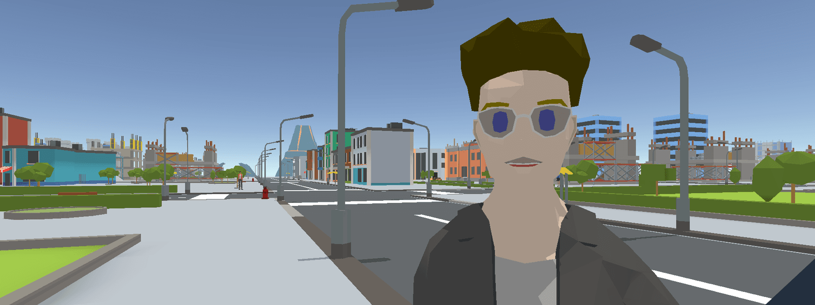 O avatar do AWS Cloud Quest parado numa rua da cidade low-poly onde acontecem os laboratórios